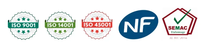 Certifications Alma : ISO 9001, ISO 14001, ISO 45001, NF et SEMAC – qualité, sécurité, environnement et étalonnage.
